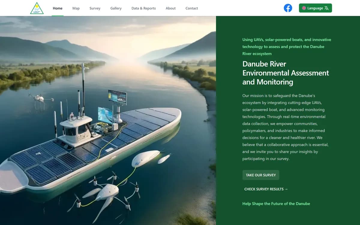 Начална страница на dreamproject.eco със соларен плавателен съд за мониторинг и дронове по Дунав